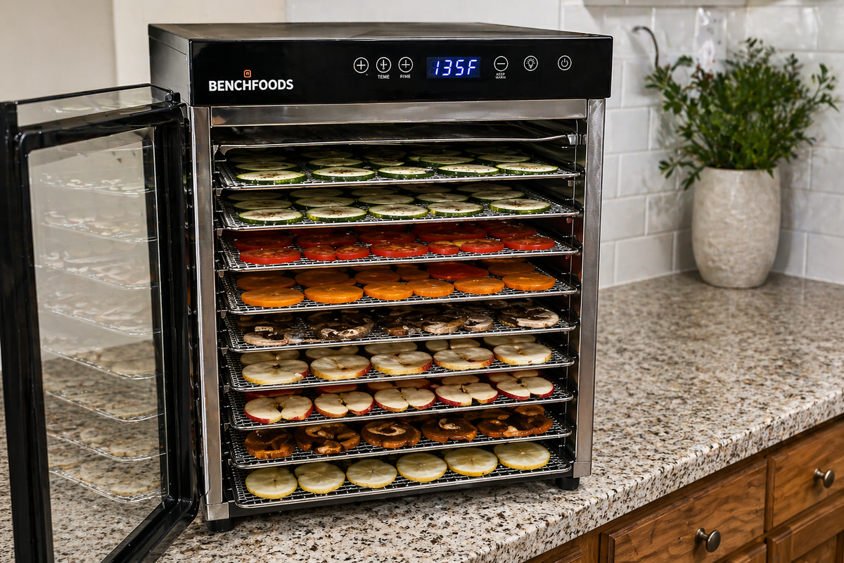 Benchfoods dehydrator with various food items on shelves in a kitchen setting